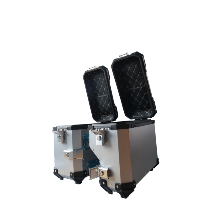 ALUMINIUM MOTO CARE SIDE BOX 36 LITRE SILVER WITH SADDLE CLAMP